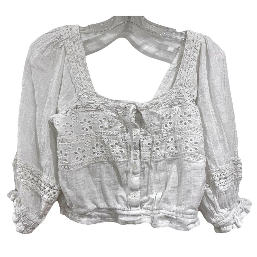 American Eagle Outfitters White Eyelet Lace Peasant Blouse Size S Boho Cropped